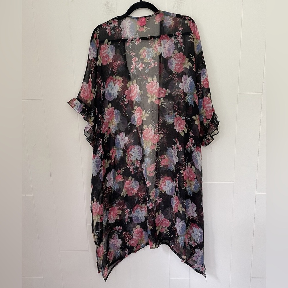 Betsey Johnson Floral Sheer Kimono Duster Swim Cover Up Black Pink One Size - Picture 4 of 6